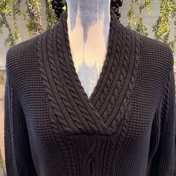 Nautica Women's L black cable V neck shawl collar cotton sweater - Picture 2 of 8